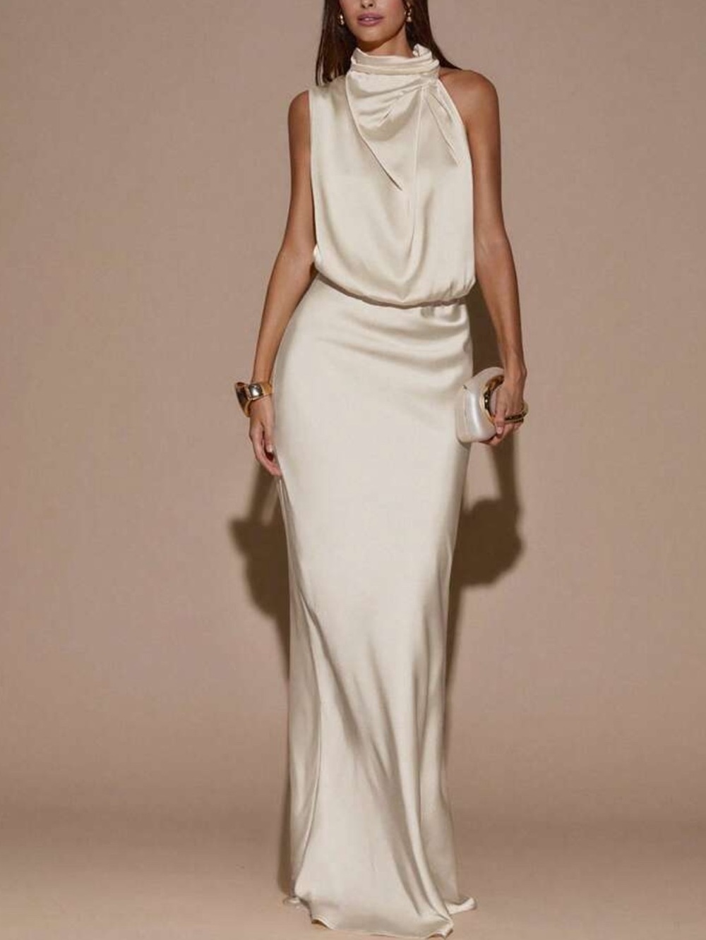 Elegant Apricot High-Neck Satin Evening Dress